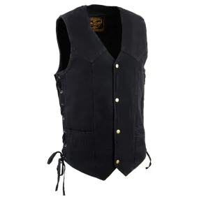 BLACK Milwaukee Leather DM1315 Men's Black Denim Classic Side Lace Snap Front Vest