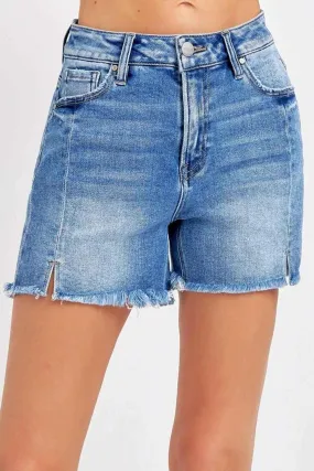 Front Slit Raw Hem Denim Shorts