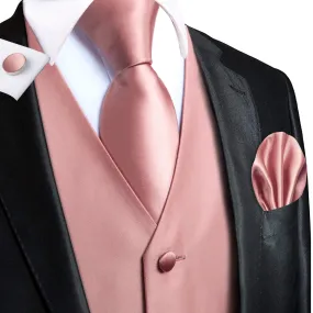 Hi-Tie Dark Coral Pink Paisley Men Vest Handkerchief Cufflinks Tie Set