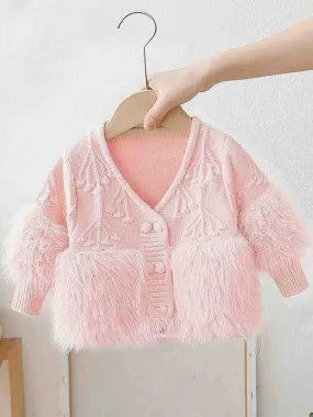 Little Surprise Box Peach Furry Knitted cardigan Sweater for Kids