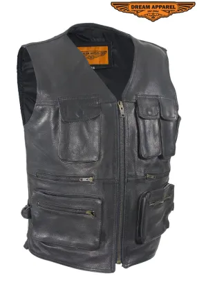 Mens Leather Cargo Vest With 9 Pockets